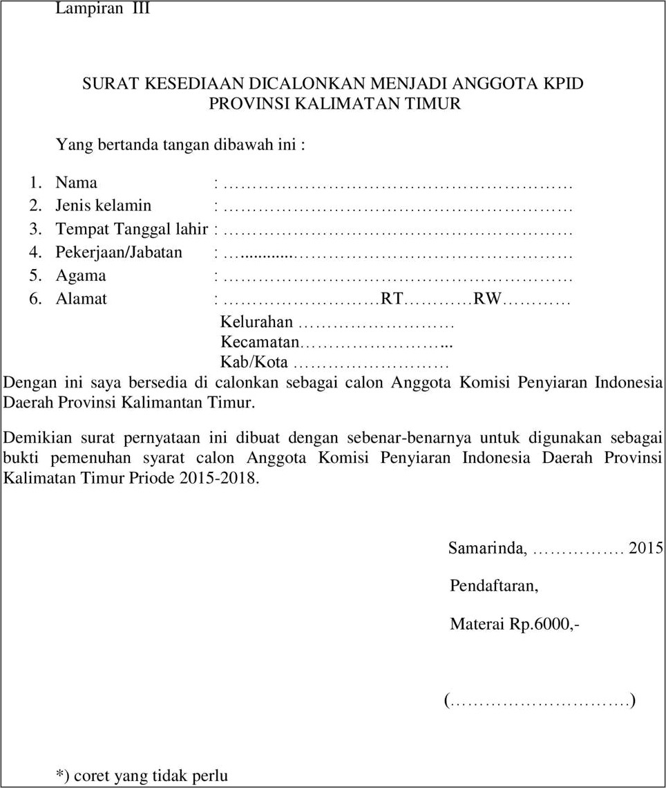 Contoh Format Surat Pernyataan Bersedia Dicalonkan Menjadi Anggota Bpd