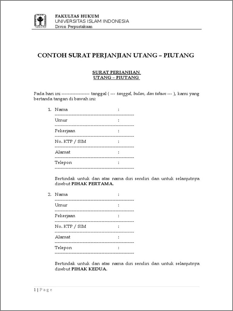 Contoh Format Surat Pernyataan Hutang Piutang