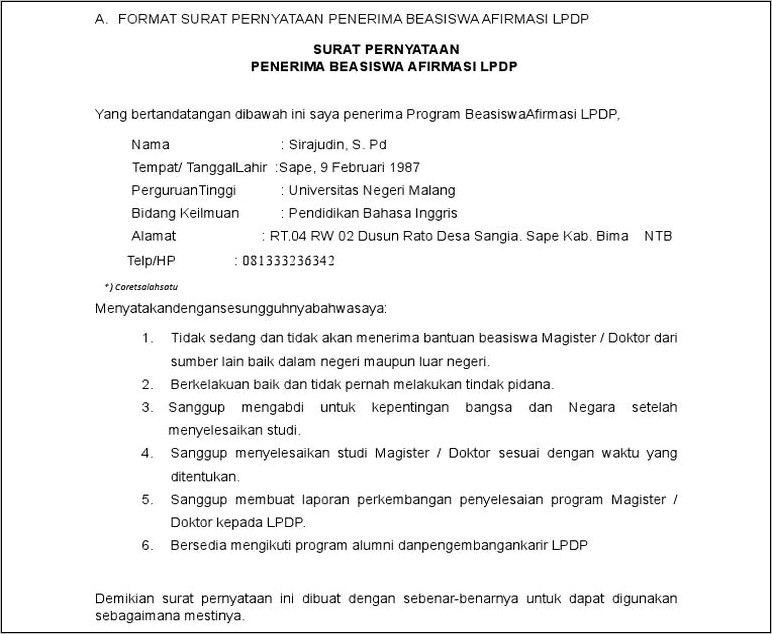 Contoh Format Surat Pernyataan Lpdp