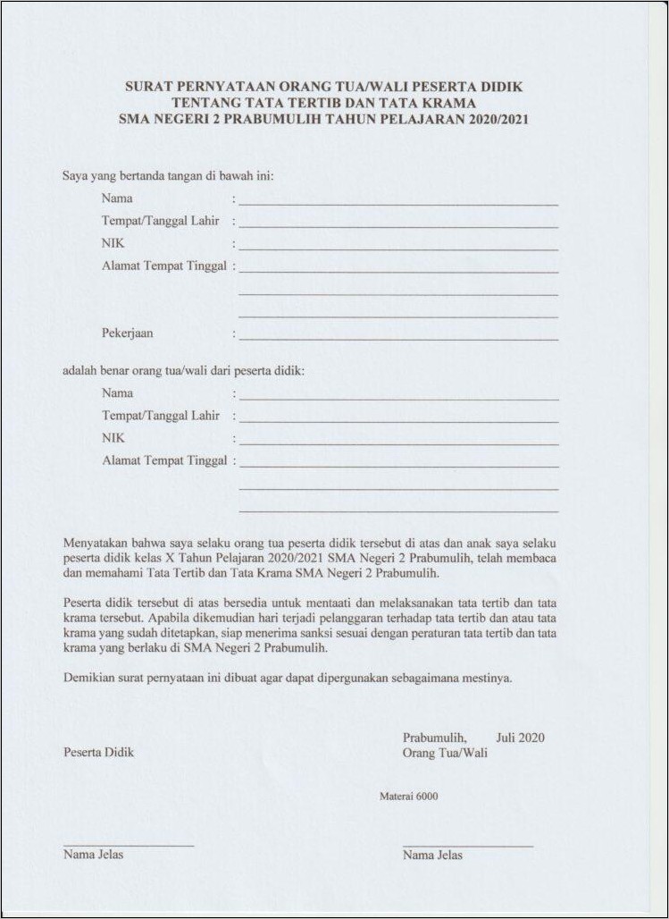 Contoh Format Surat Pernyataan Orang Tua Siswa Yang Bermasalah