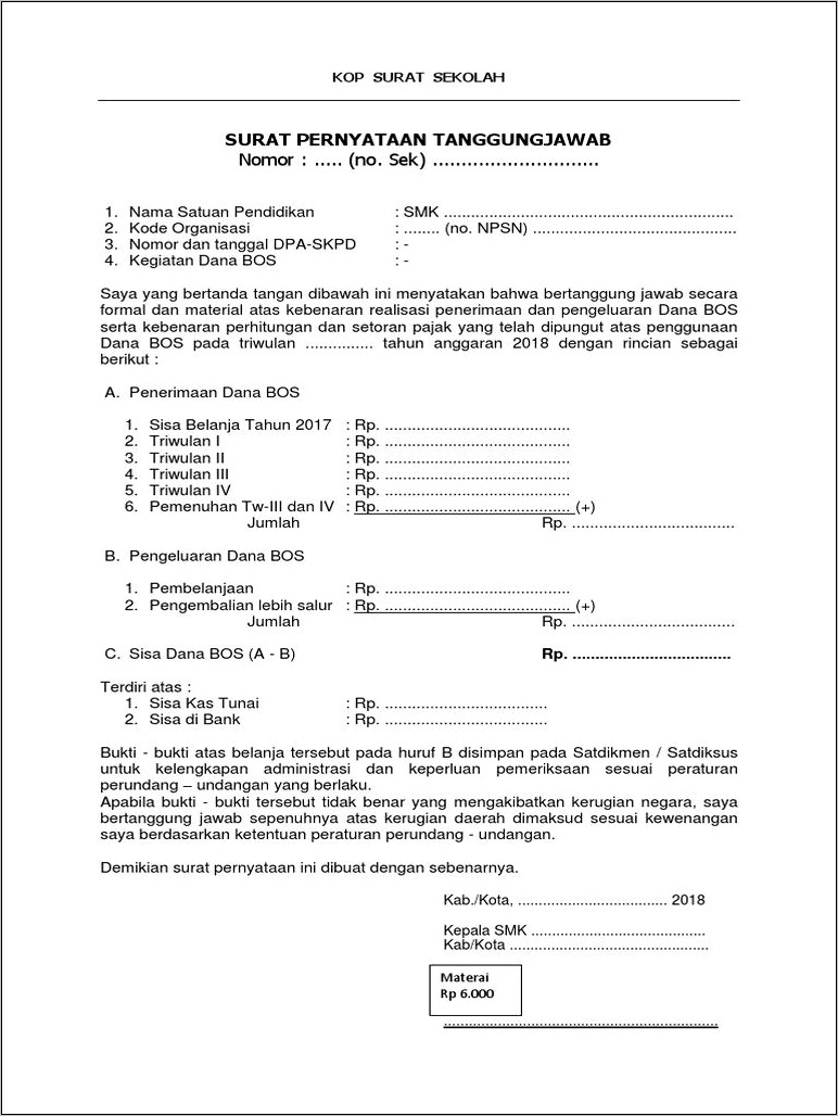 Contoh Format Surat Pernyataan Tanggung Jawab Belanja