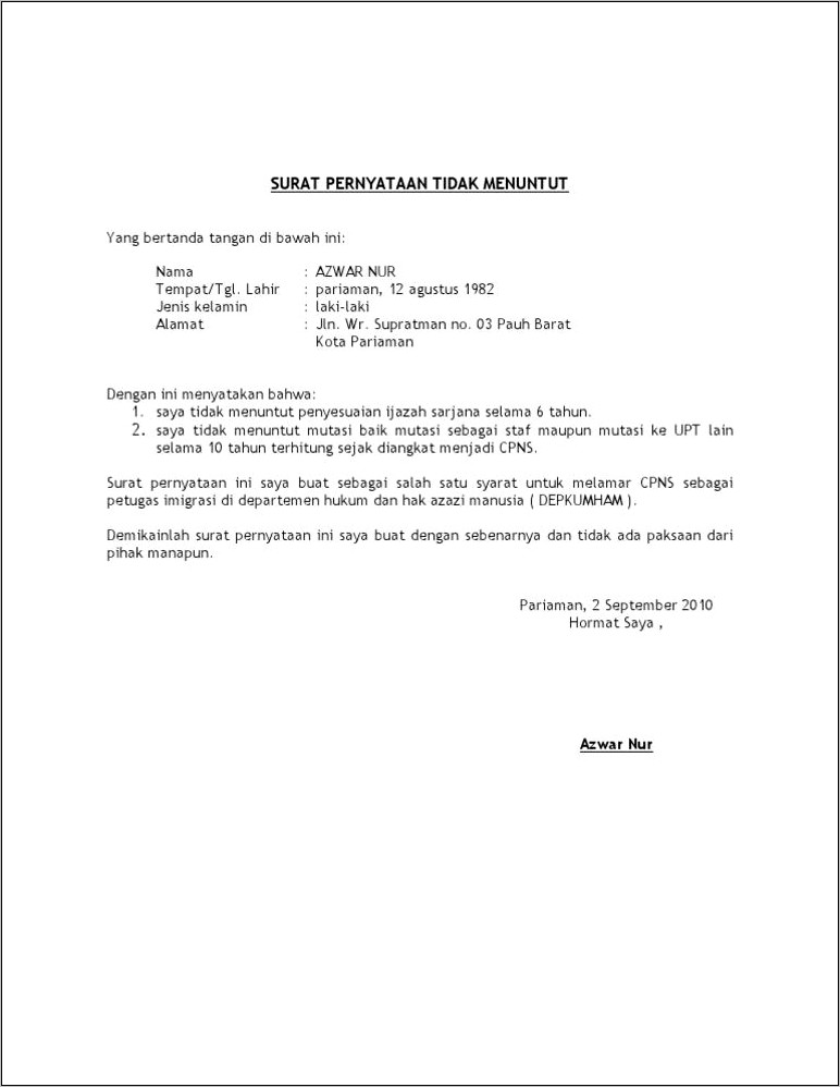 Contoh Format Surat Pernyataan Tidak Menuntut Diangkat Menjadi Pns