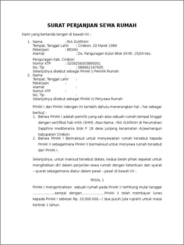 Contoh Isi Surat Perjanjian Sewa Menyewa