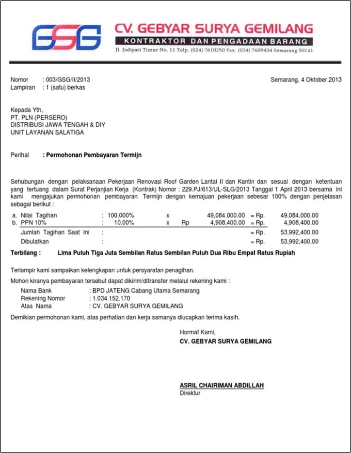 Contoh Isi Surat Permohonan Pembayaran