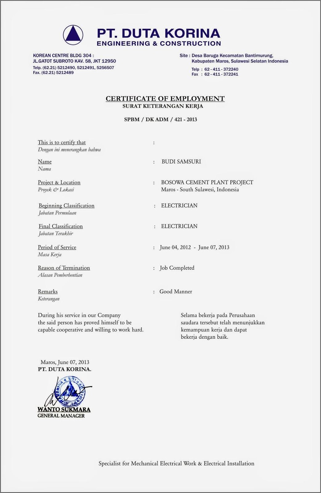 Contoh Keterangan Surat Pengalaman Pegang Project