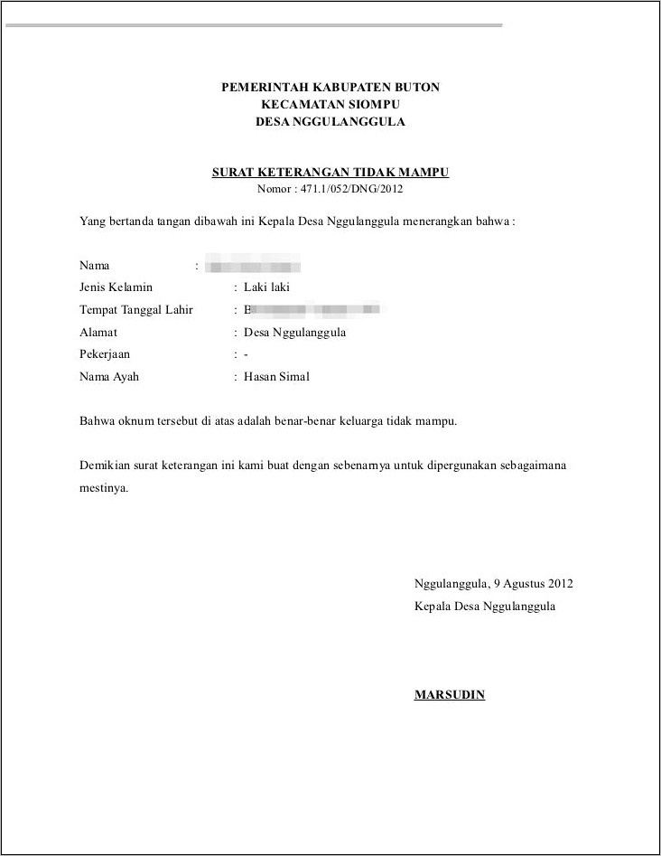 Contoh Keterangan Surat Tidak Mampu