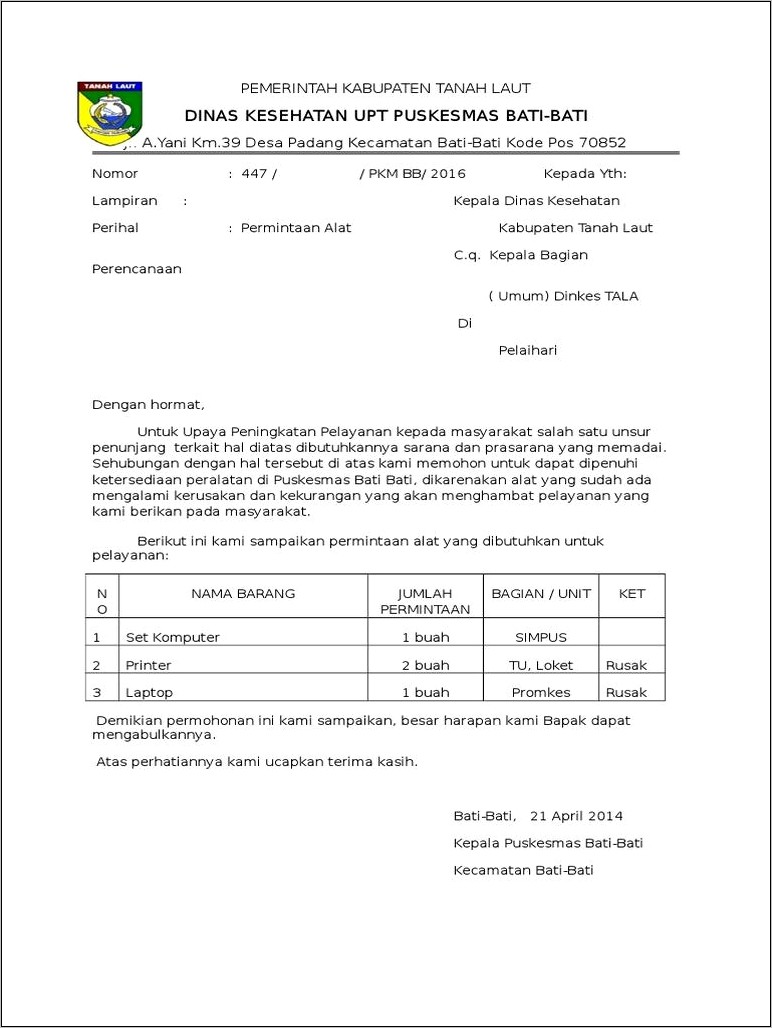 Contoh Mengajukan Surat Permohonan Perlengkapan Alat Praktikum