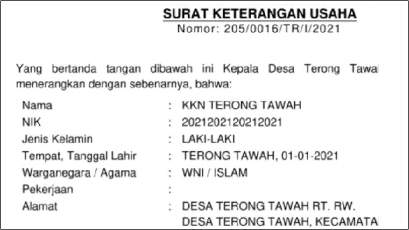 Contoh Nomor Surat Keterangan Usaha