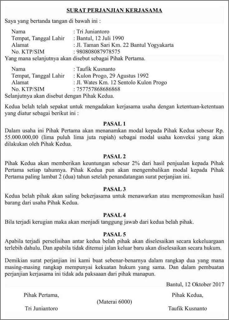 Contoh Pasal Surat Perjanjian Bersmaa