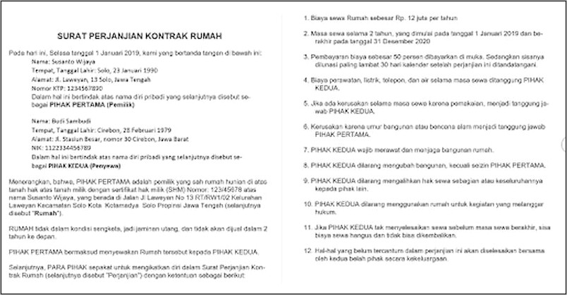 Contoh Pasal Surat Perjanjian Sewa Rumah