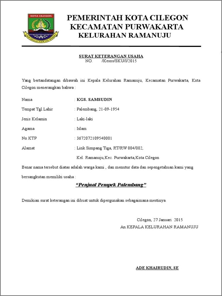 Contoh Pengisian Data Surat Keterangan Usaha Sku
