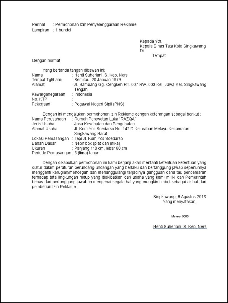 Contoh Pengisian Surat Pernyataan Reklame