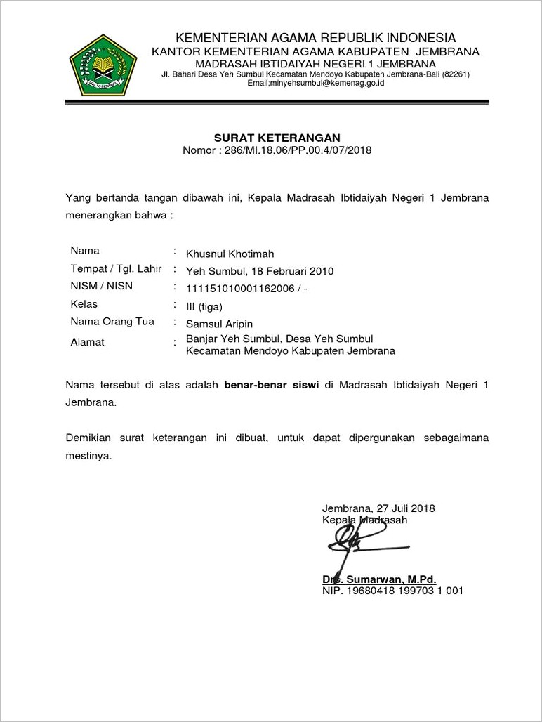 Contoh Penomoran Surat Keterangan Aktif