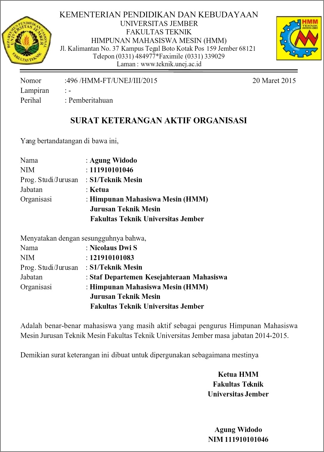 Contoh Penomoran Surat Keterangan Aktiff