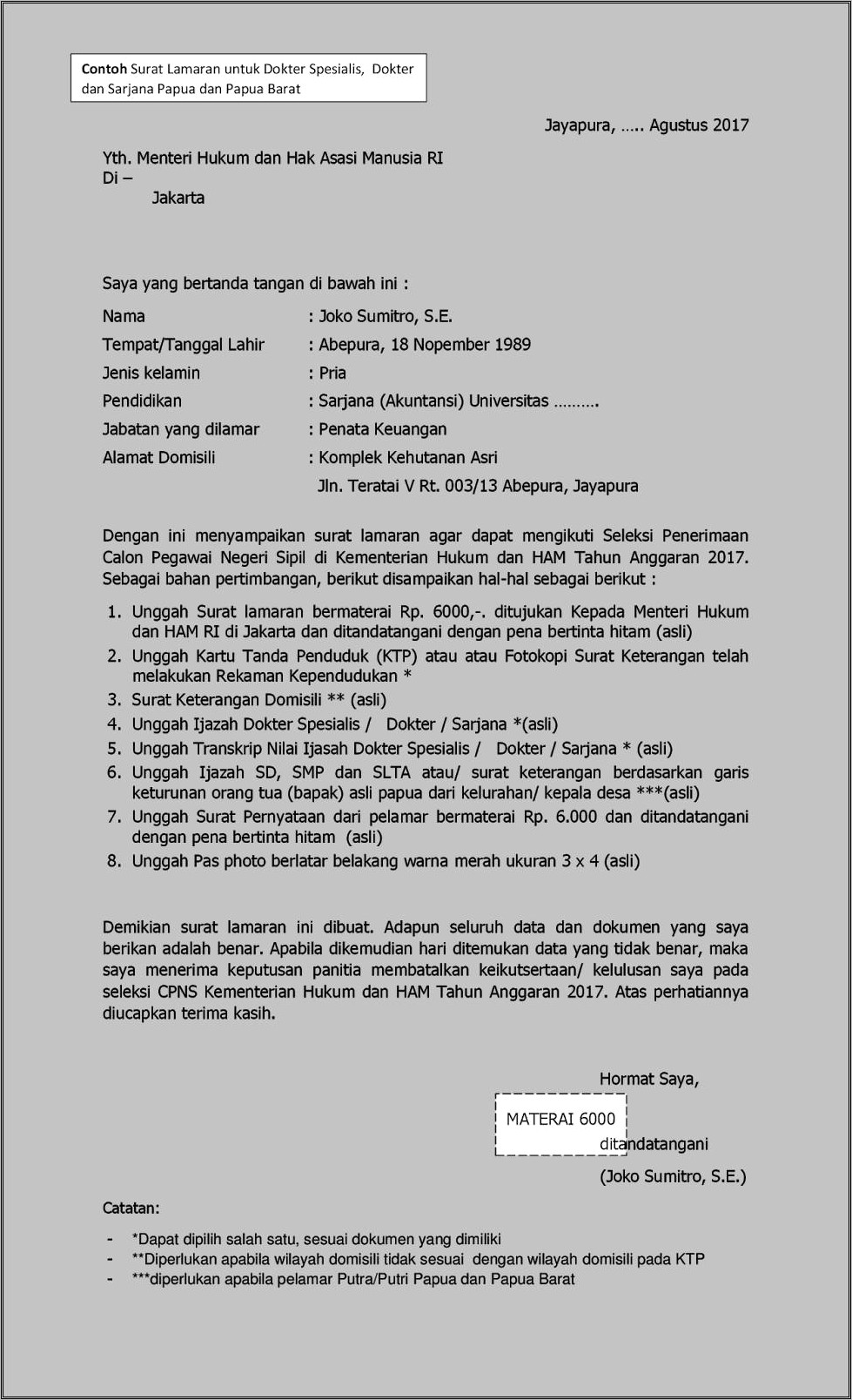 Contoh Penulisan Surat Pernyataan Cpns Yang Benar