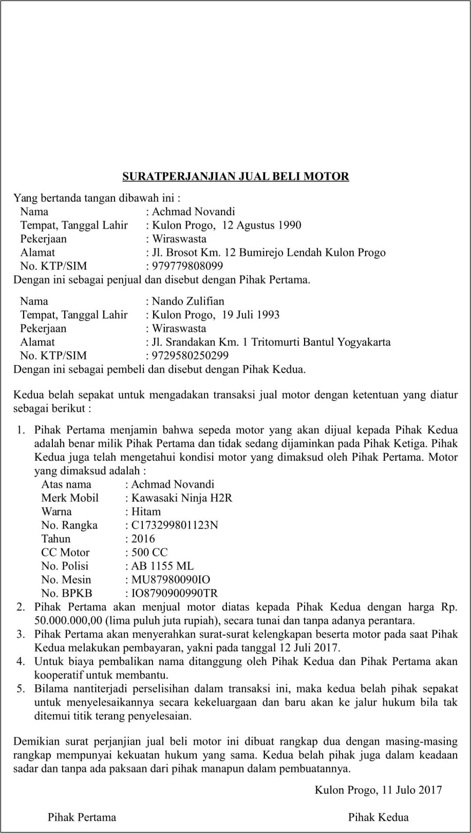 Contoh Perjanjian Surat Pembayaran