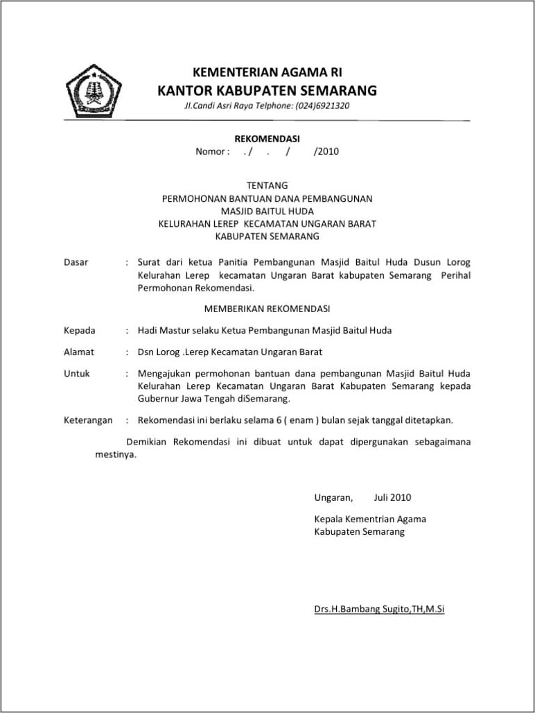 Contoh Permohonan Surat Rekomendasi