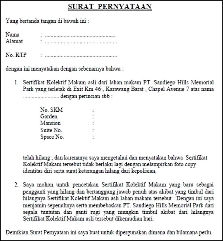 Contoh Pernyataan Surat Kehilangan Kk