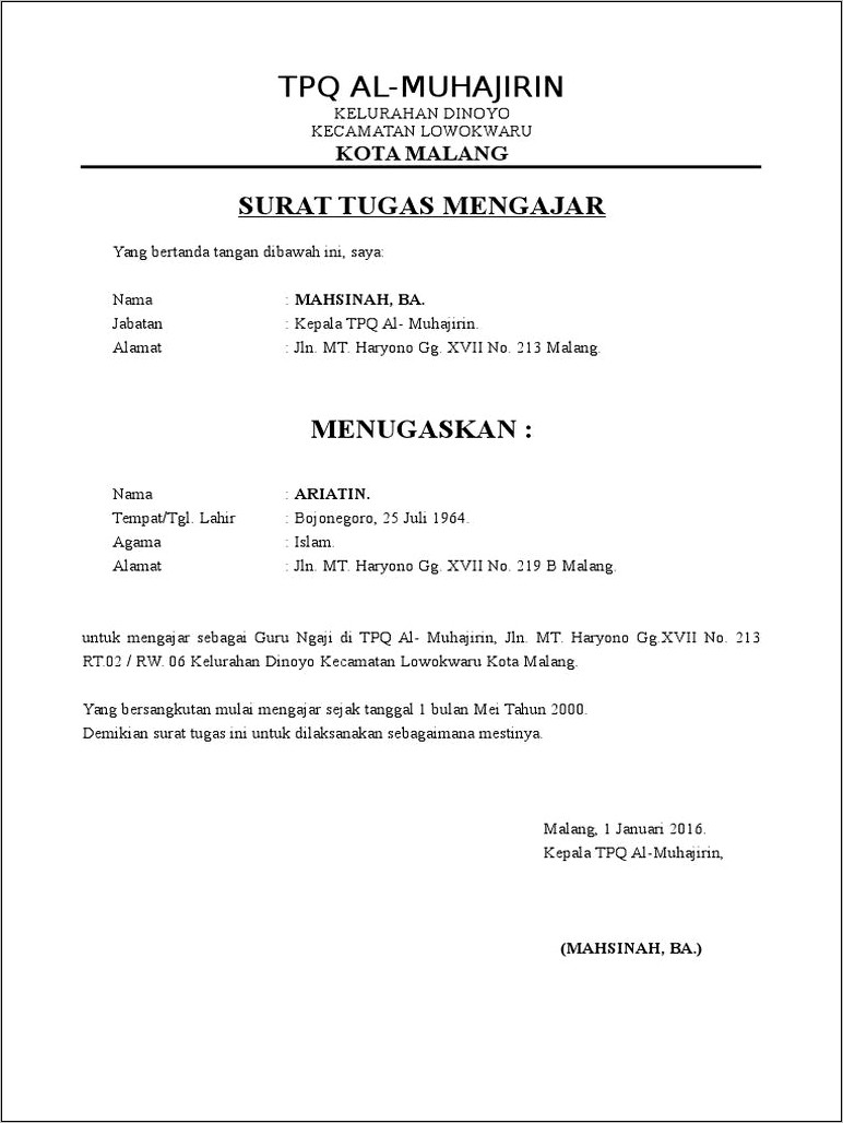 Contoh Surar Permohonan Surat Tugas
