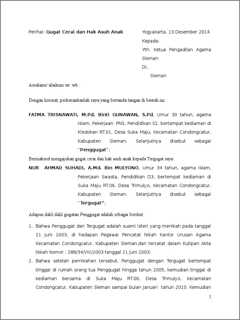 Contoh Surat Gugatan Permohonan Hak Asuh Anak Setelah Perceraian