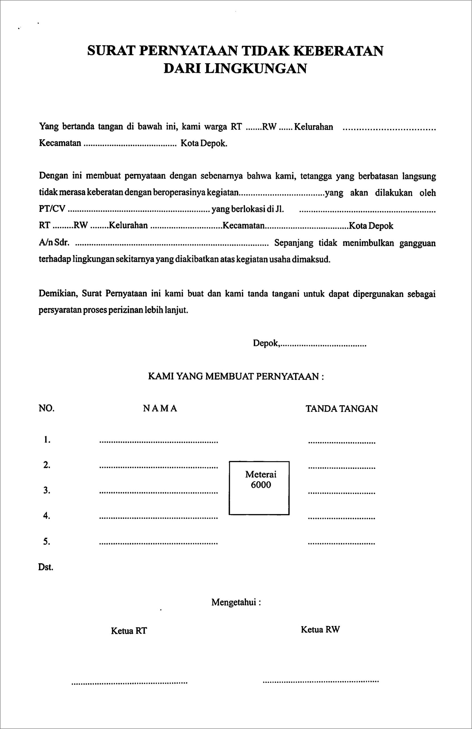 Contoh Surat Imb Keterangan