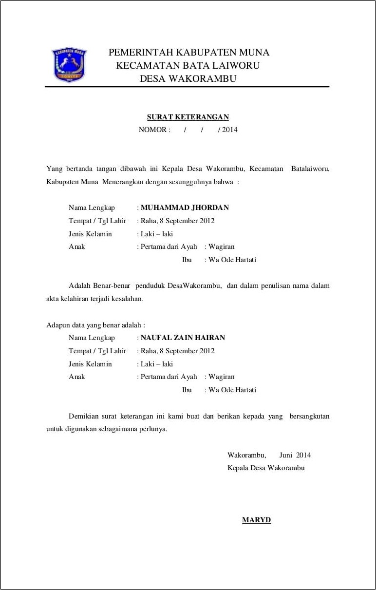 Contoh Surat Keterang Desa