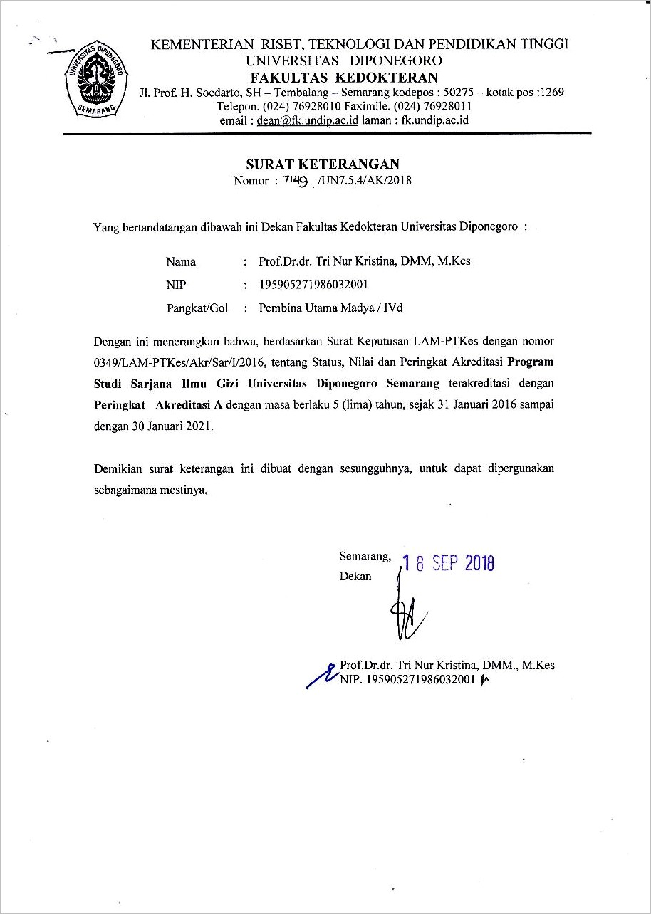 Contoh Surat Keterangan Akreditas Juruasan