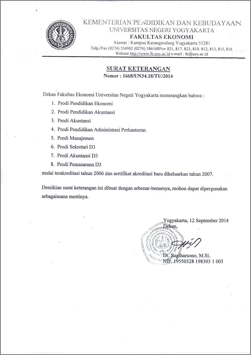 Contoh Surat Keterangan Akreditasi Jurusan Ekonomi Accounting