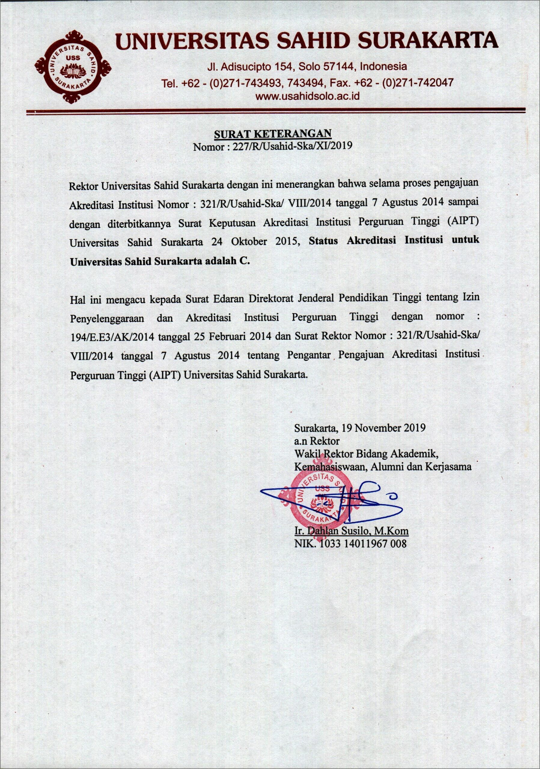 Contoh Surat Keterangan Akreditasi Kampus