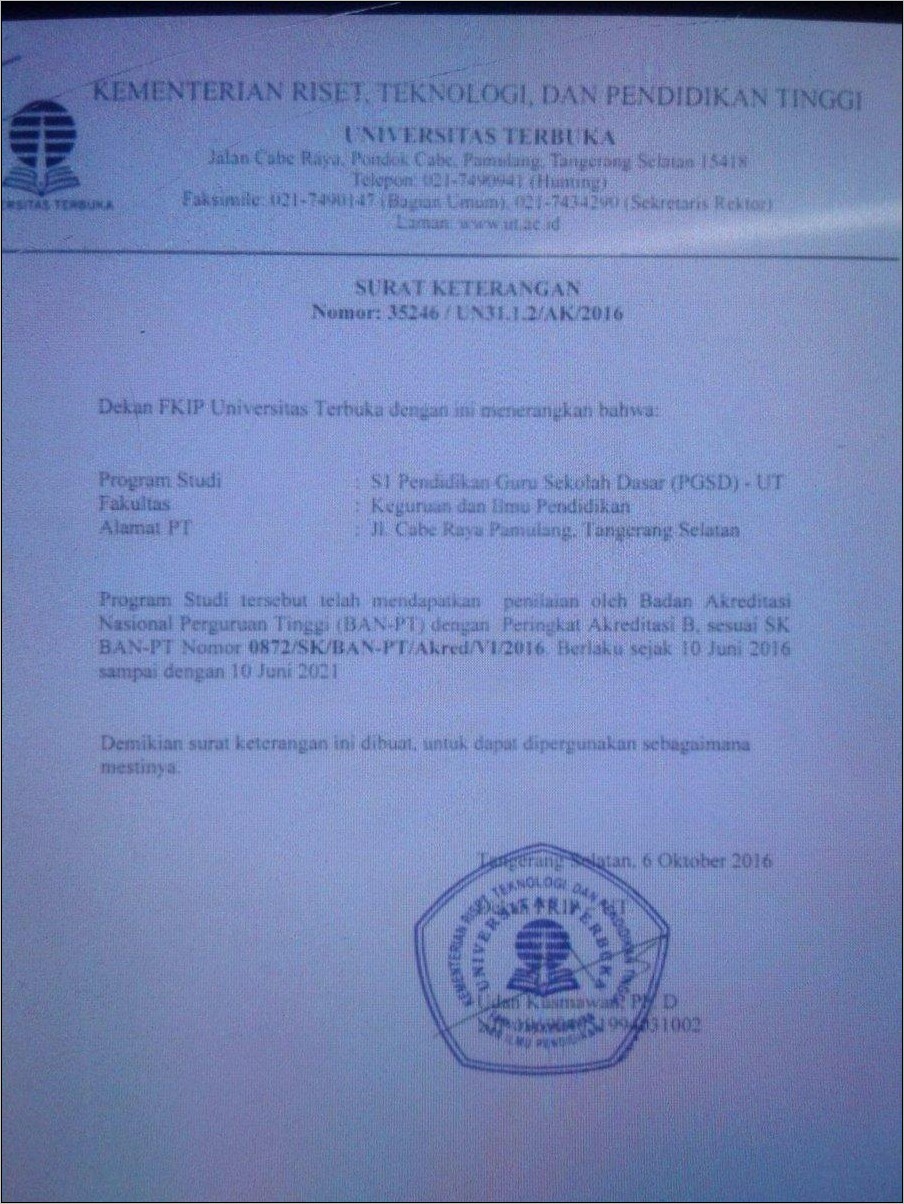 Contoh Surat Keterangan Akreditasi Perguruan Tinggi Swasta