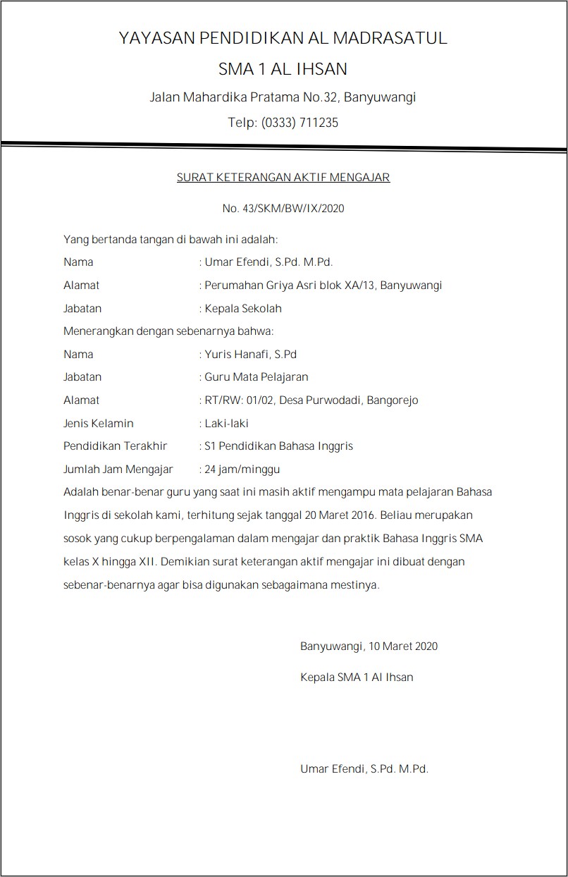 Contoh Surat Keterangan Aktif Di Lembaga Dari Kepala Sekolah