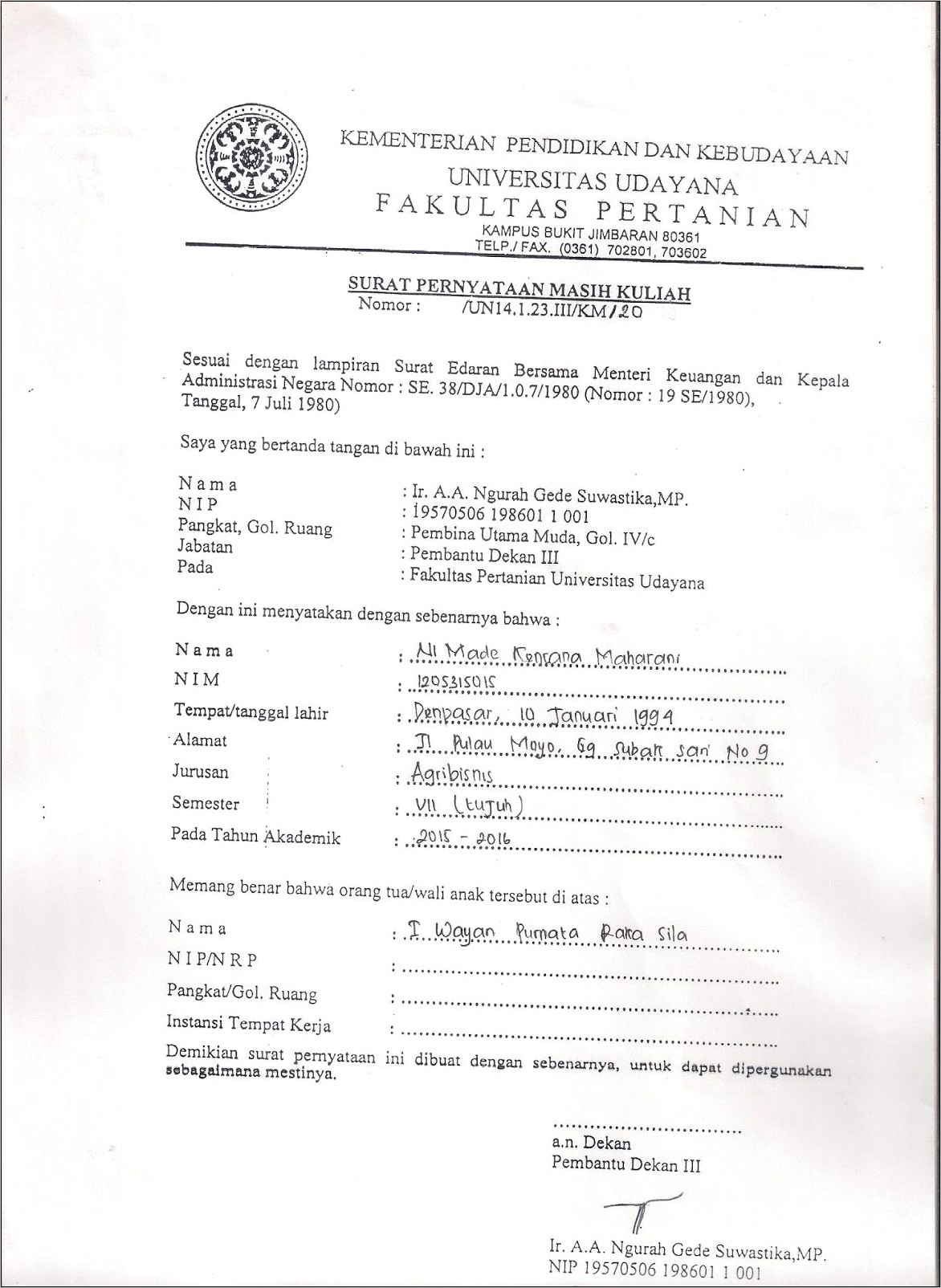 Contoh Surat Keterangan Aktif Kuliah Unsrat