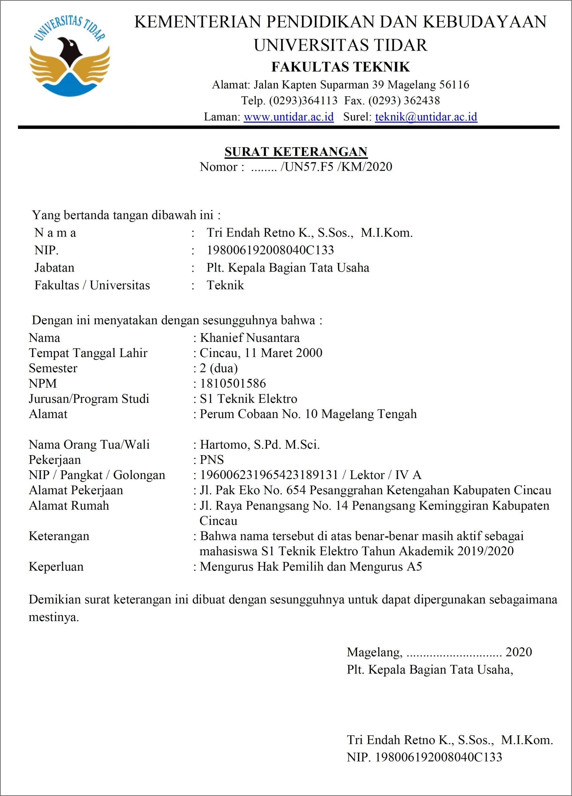 Contoh Surat Keterangan Aktif Kuliah Usu