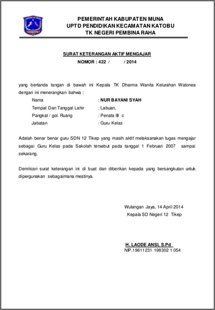 Contoh Surat Keterangan Aktif Melaksanakan Tugas