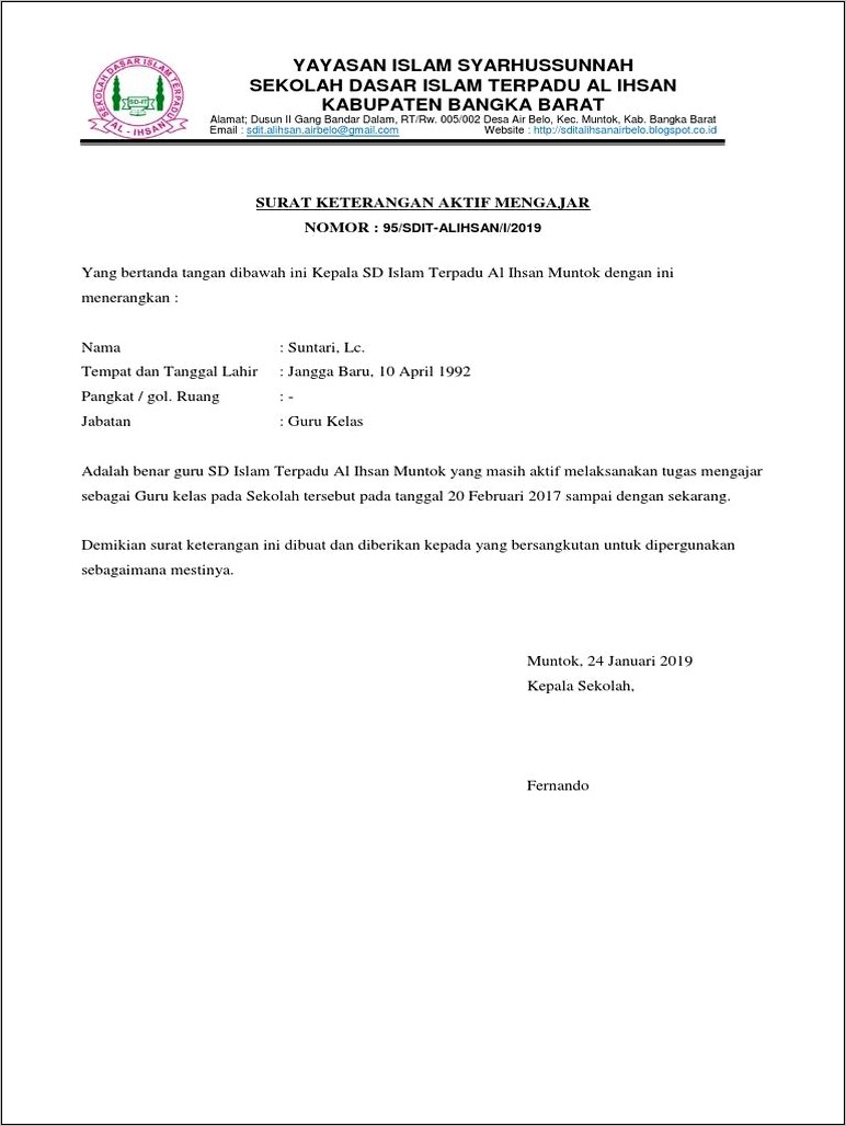 Contoh Surat Keterangan Aktif Mengajar Dari Yayasan.doc