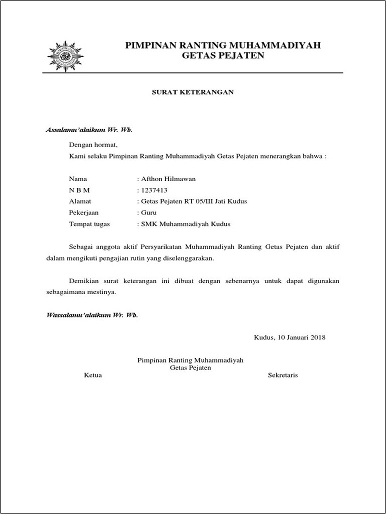Contoh Surat Keterangan Aktif Muhammadiyah
