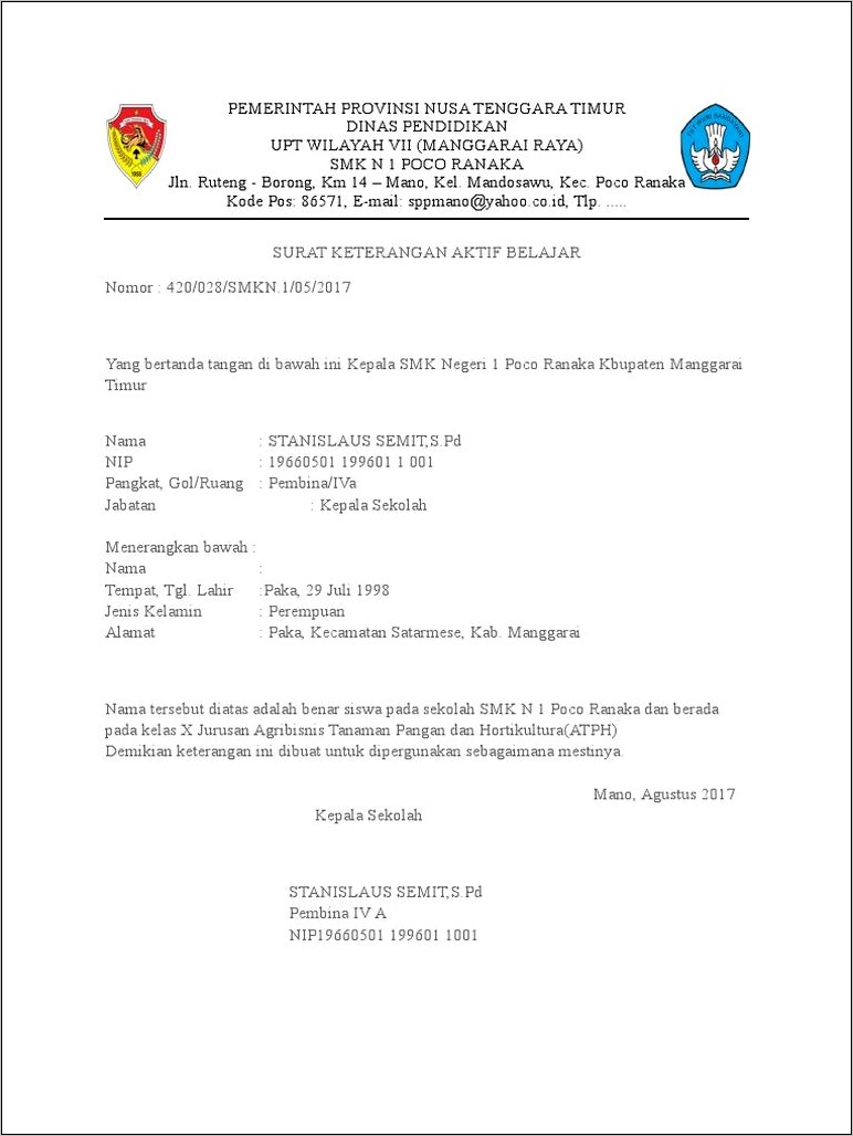 Contoh Surat Keterangan Aktif Sekolah
