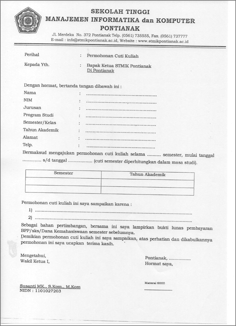 Contoh Surat Keterangan Alasan Cuti Akademik