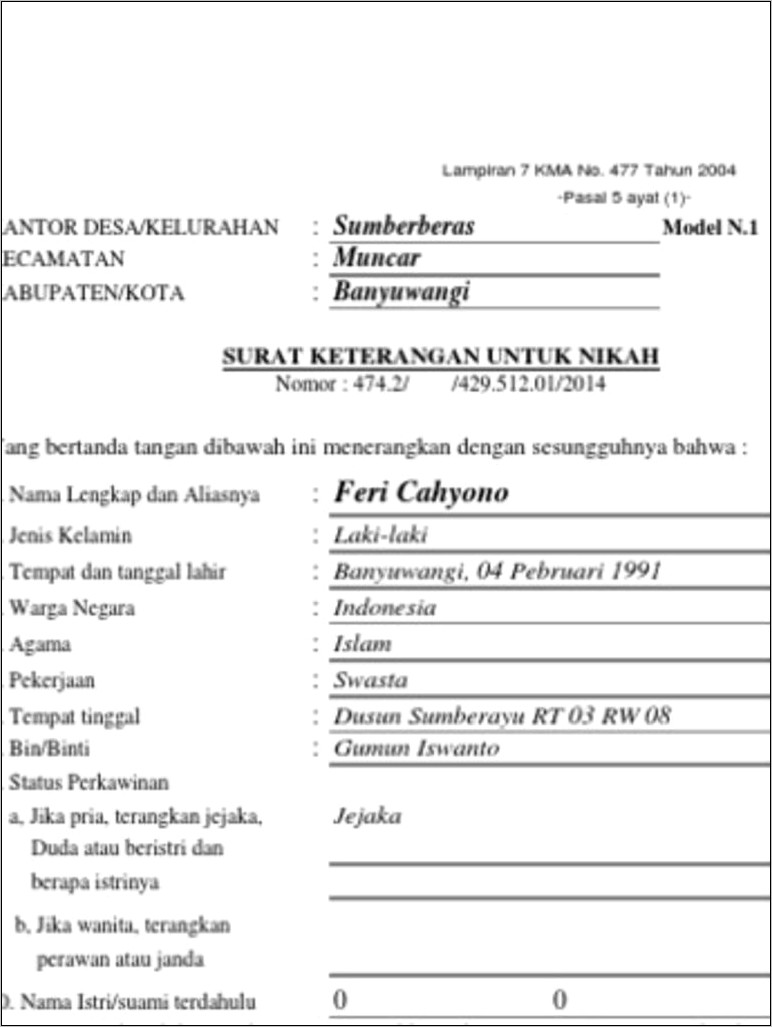 Contoh Surat Keterangan Asal Usul Orang Tua
