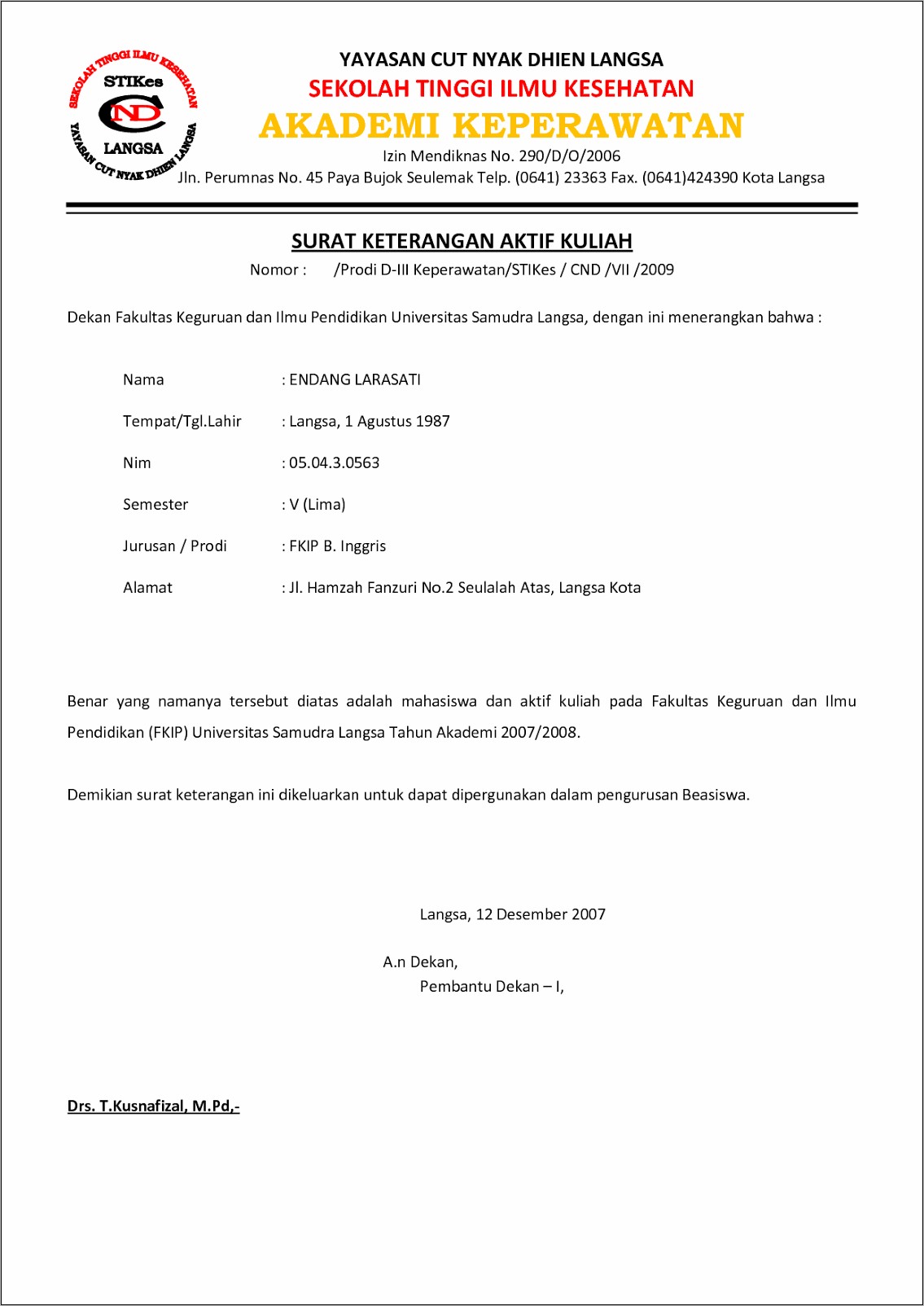 Contoh Surat Keterangan Bahwa Kuliah Pada