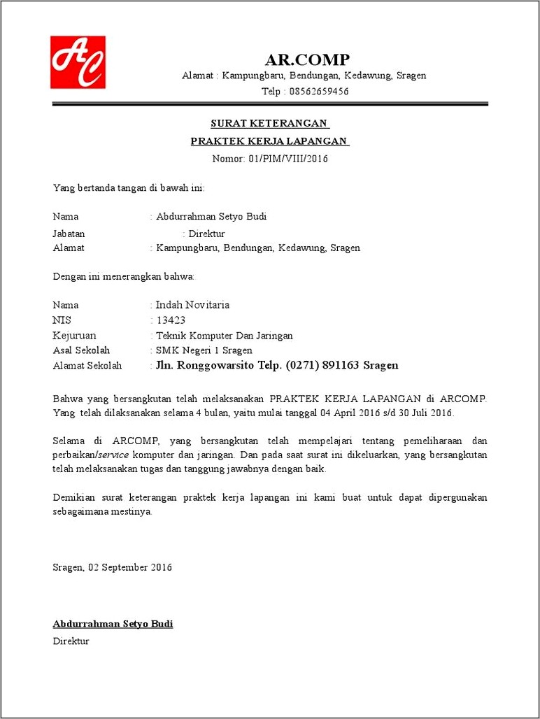 Contoh Surat Keterangan Bahwa Selesaipraktek Doc