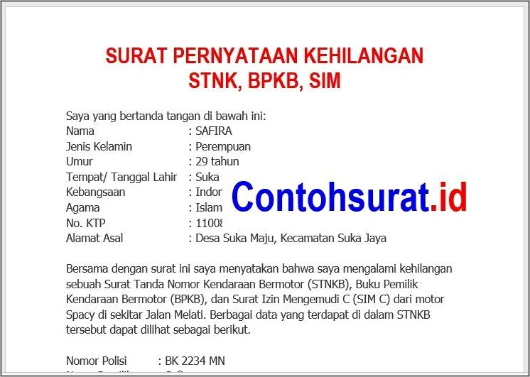 Contoh Surat Keterangan Balik Nama Kendaraan