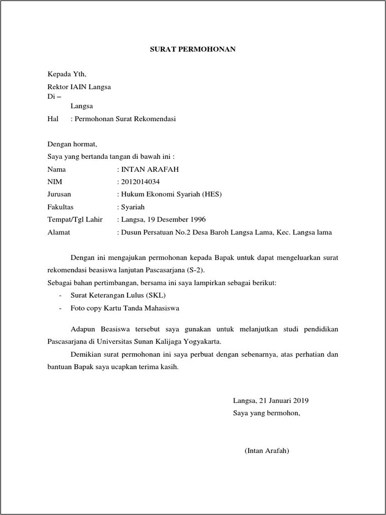 Contoh Surat Keterangan Beasiswa