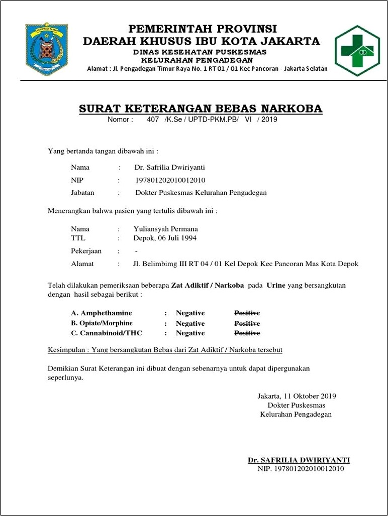 Contoh Surat Keterangan Bebas Narkoba Rs