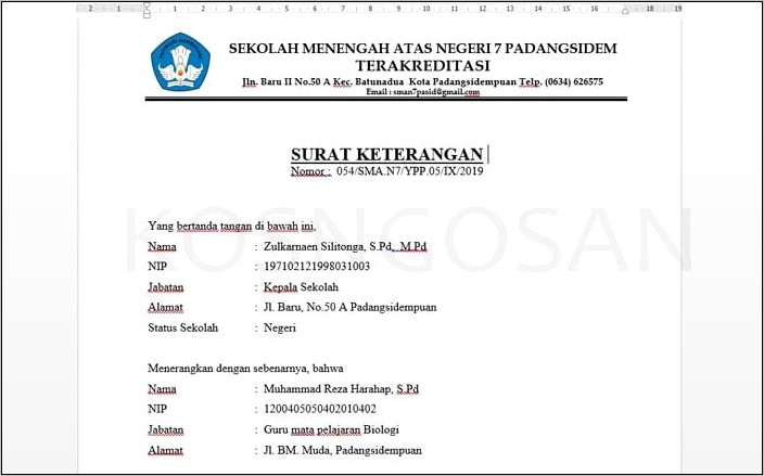 Contoh Surat Keterangan Belajar Mengajar 2019 Sd