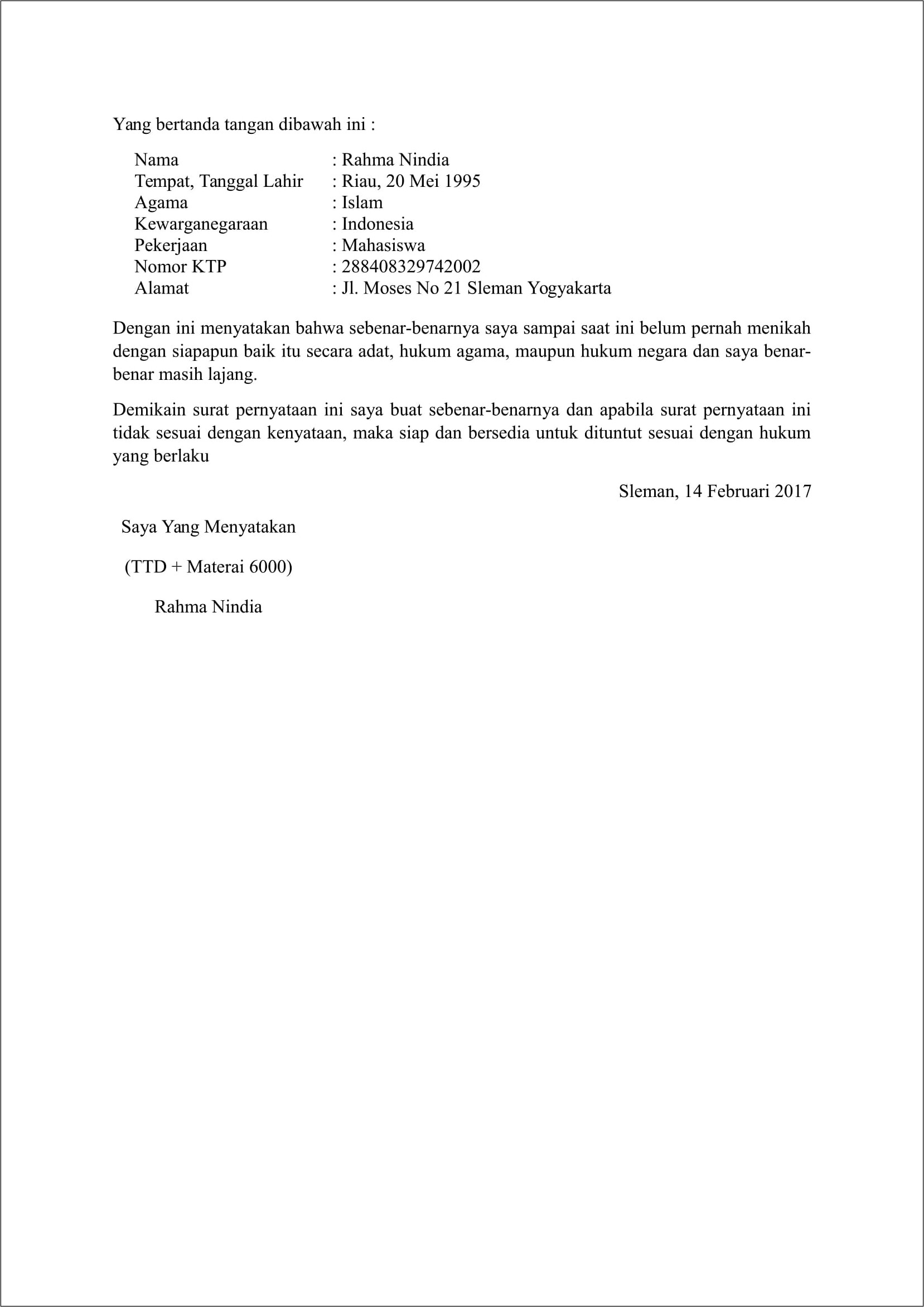 Contoh Surat Keterangan Belum Menikah Bermaterai Dan Ditandatangani 2 Saksi