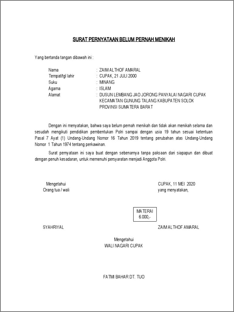 Contoh Surat Keterangan Belum Menikah Untuk Polri