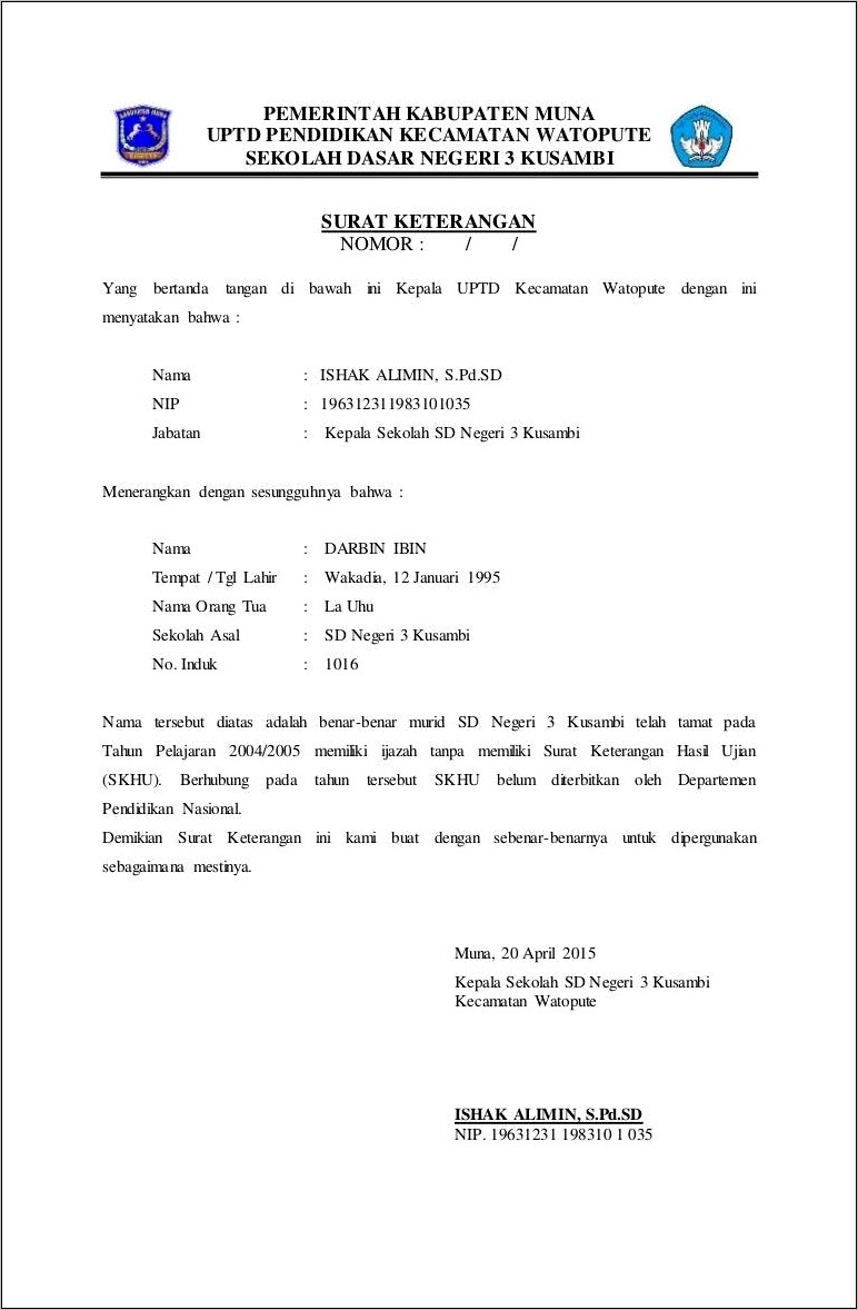 Contoh Surat Keterangan Berhenti Sekolah
