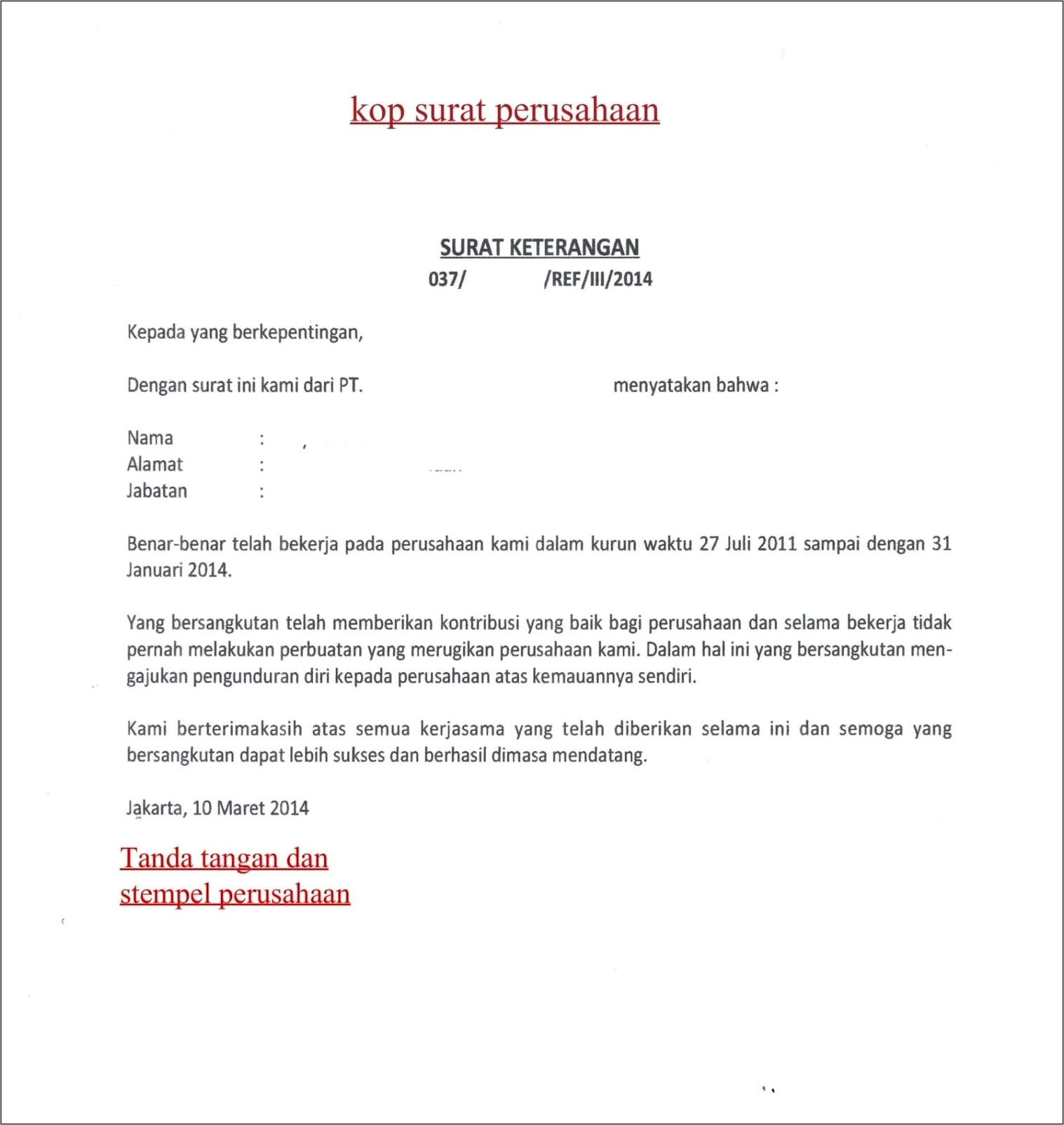 Contoh Surat Keterangan Berhenti