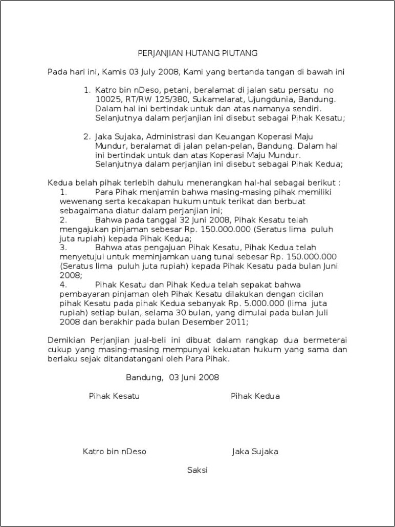 Contoh Surat Keterangan Berhutang